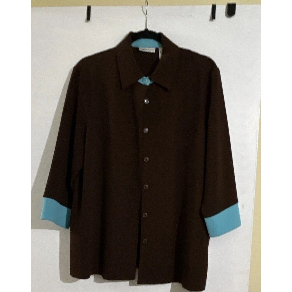 Draper's & Damon's Brown/Blue Collared Button-Front Knit Blouse 3/4 Sleeve L